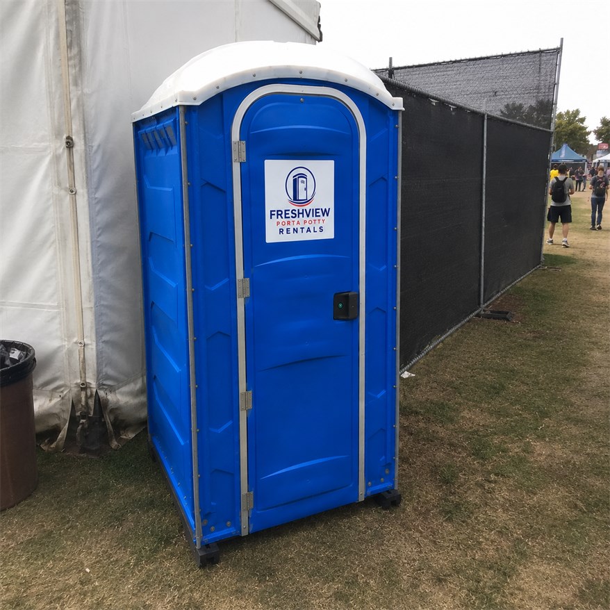 Portable restroom rental unit at an outdoor site in Las Vegas